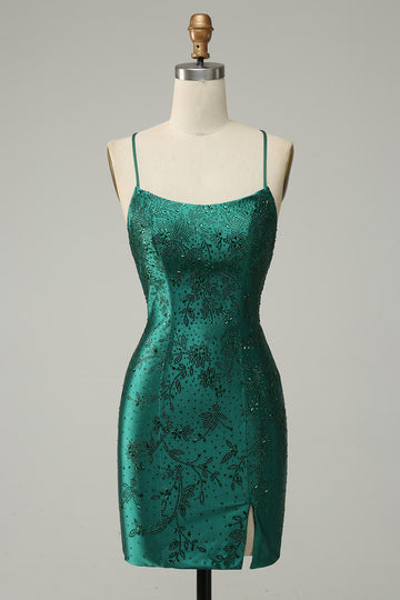 Vestido de Fiesta Con Cuentas Verde Oscuro